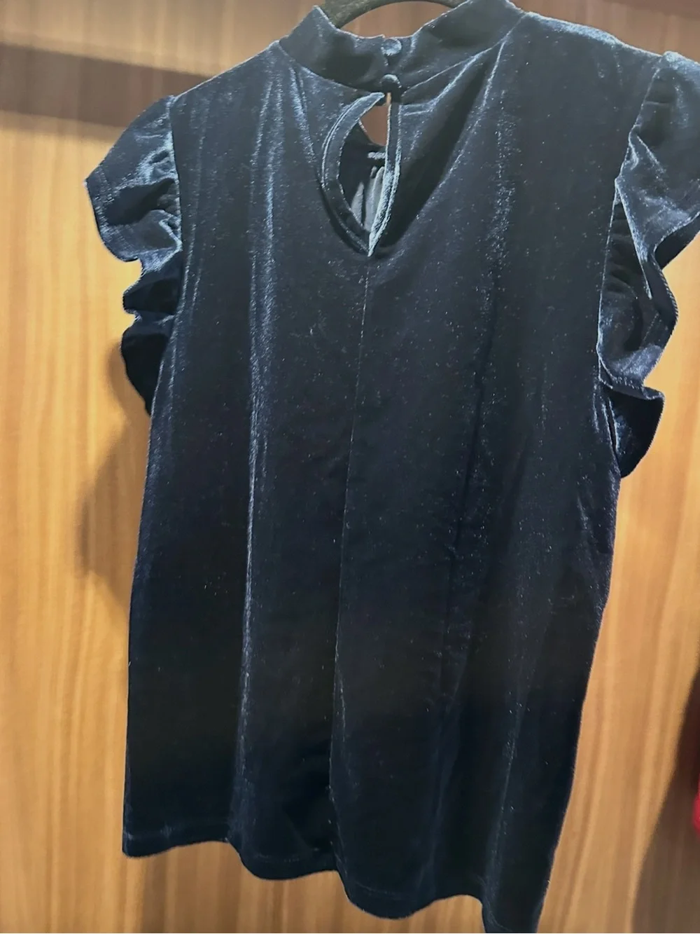 Olive & Oak Velour Ruffle Flutter Sleeve Mock Neck Blouse Top Blue Size M